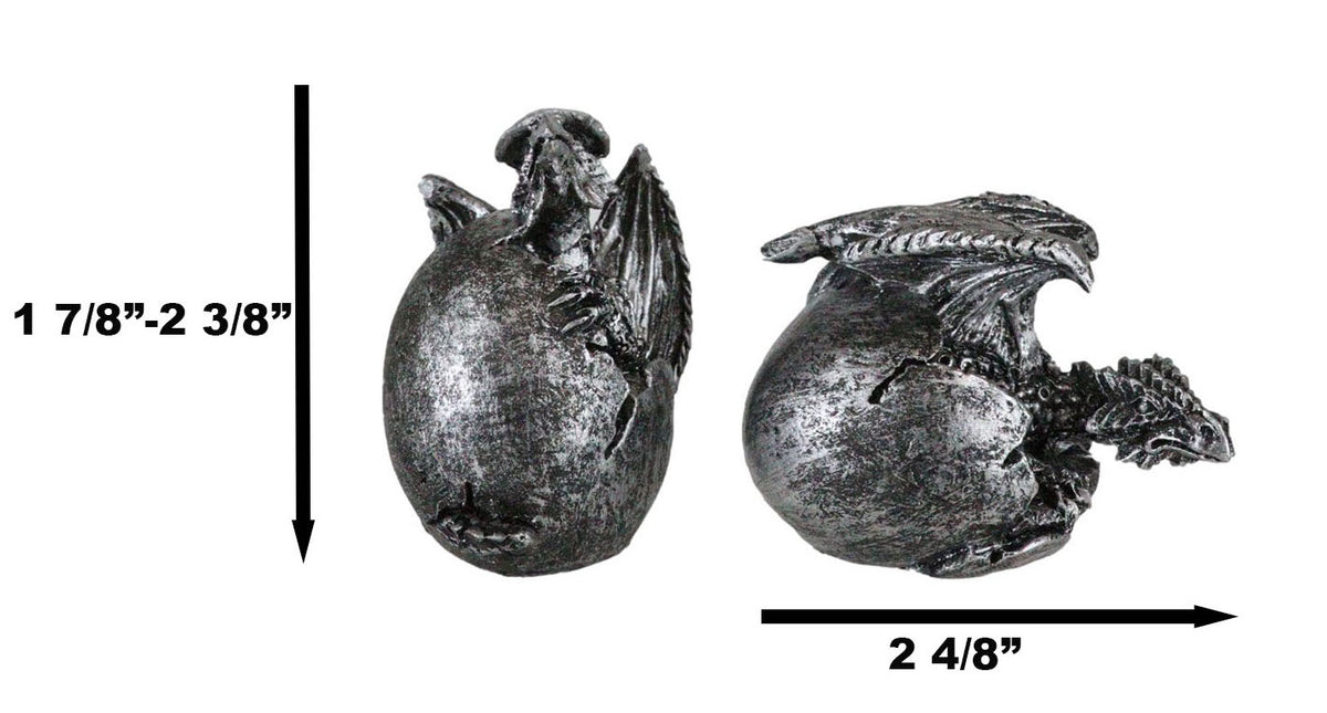 Set of 4 Silver Whimsical Wyrmling Baby Dragon Egg Hatchlings Mini Figurines