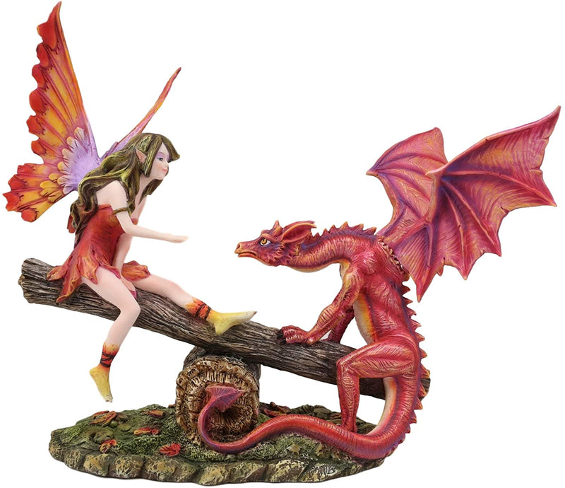 Ebros Amy Brown Elf Fire Fairy with Red Dragon On Wood Logs Seesaw Statue 8.5" H