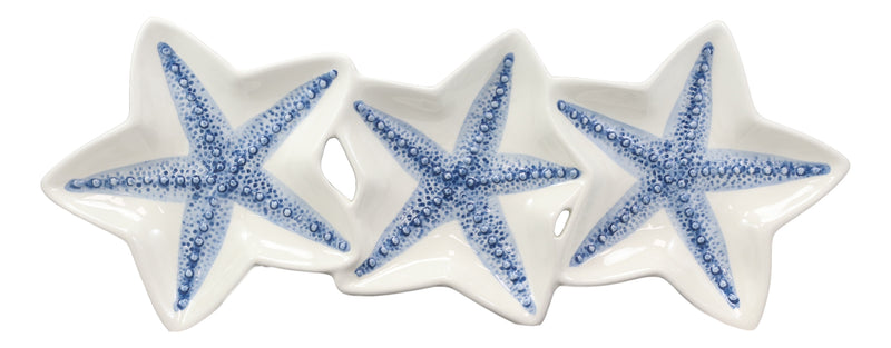 Nautical Blue 3 Starfish Sea Stars Ceramic Appetizer Dessert Plate Platter 16.5"