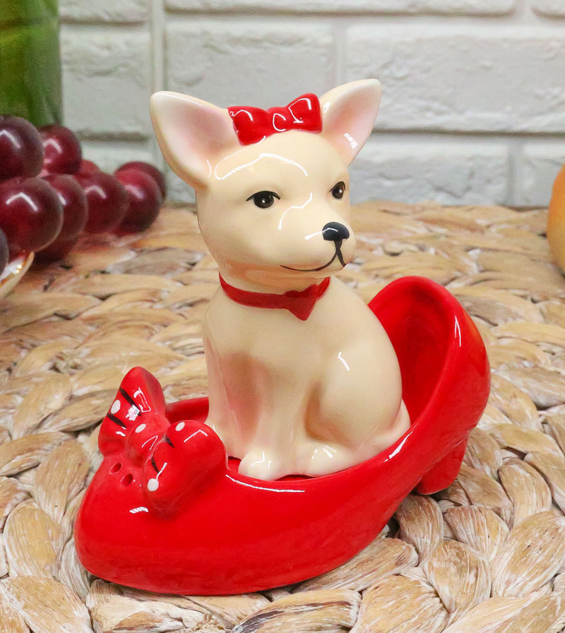 Red Ribbon Chihuahua In Red Pump Heel Shoe Salt And Pepper Shakers Ceramic Set