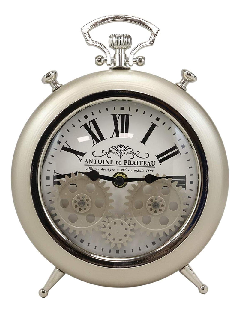 Ebros Antoine De Praiteau Steampunk Mechanical Moving Gears Old Fashioned European Vintage Pocket Watch Style Table Clock Victorian Industrial Accent Clockwork Clocks (Brushed Silver Champagne)