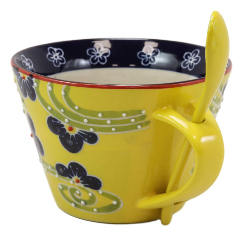 Summer Floral Breeze Yellow Porcelain Coffee Tea Cafe Mug With Spoon Set Of 2