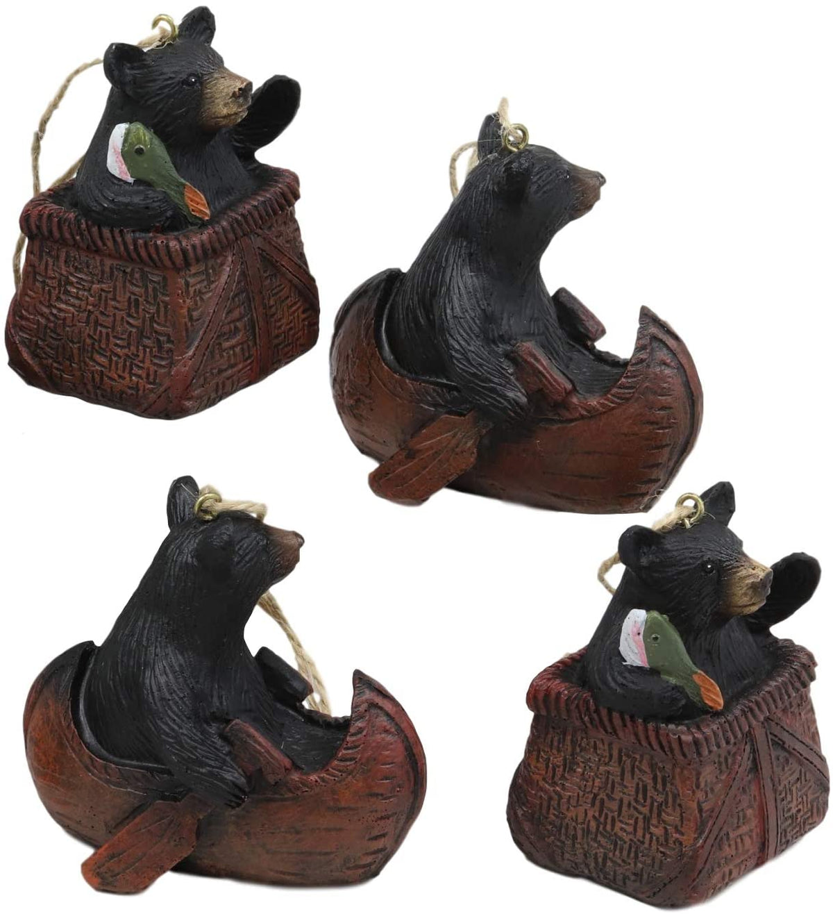 Ebros Western Set of 4 Black Bears In Canoe & Basket Christmas Ornament