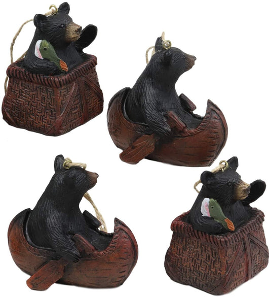 Ebros Western Set of 4 Black Bears In Canoe & Basket Christmas Ornament
