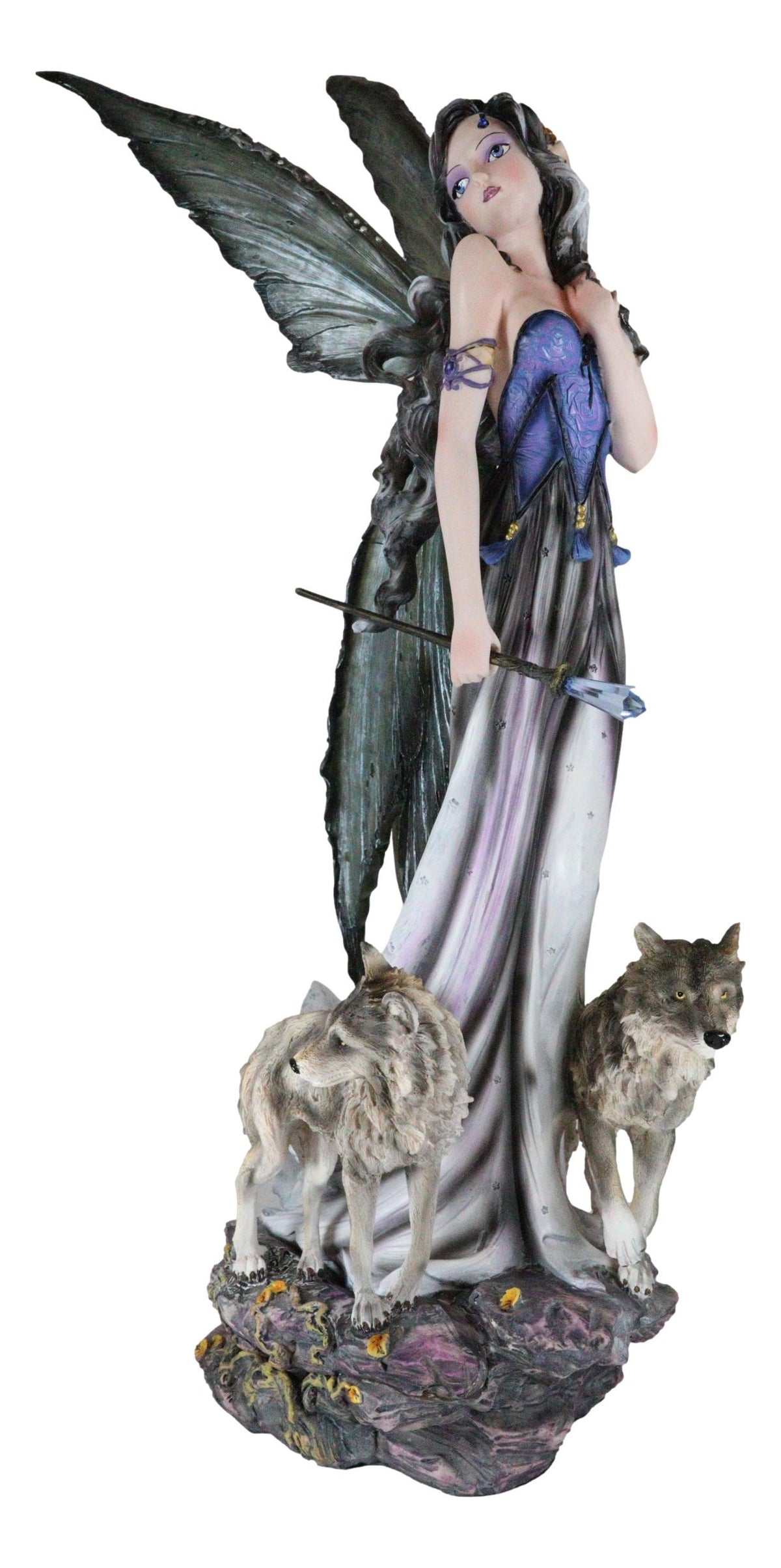 Large 23"Tall Crystal Orb Torch Fairy Running With Wolves Decorative Statue