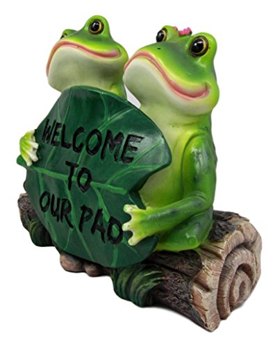 Ebros Gift Rainforest Frog Couple Lovers Holding Welcome Sign Lily Pad Decorative Figurine 9.25" L