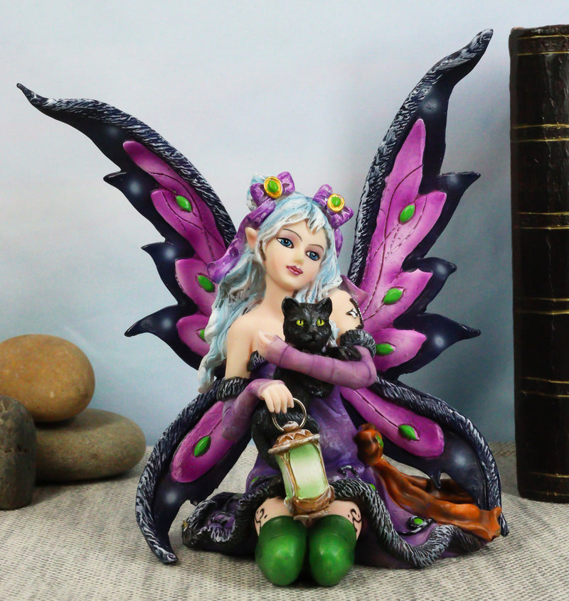 Ebros Gift Mystical Black Cat With Purple Witch Fairy Carrying Green Lantern Figurine 6.25"H