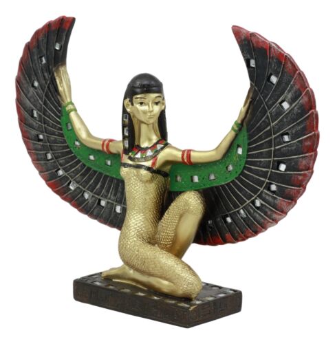 Egyptian Kneeling Goddess Isis With Open Wings Figurine Golden Decor W/ Mirrors