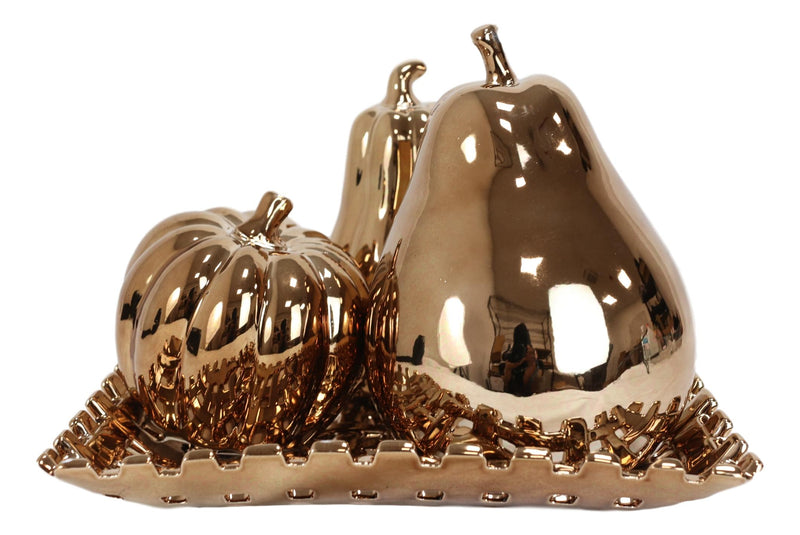 Glam Bronze Ceramic Decorative Fruit Assortment With Basket Tray Plate Accent