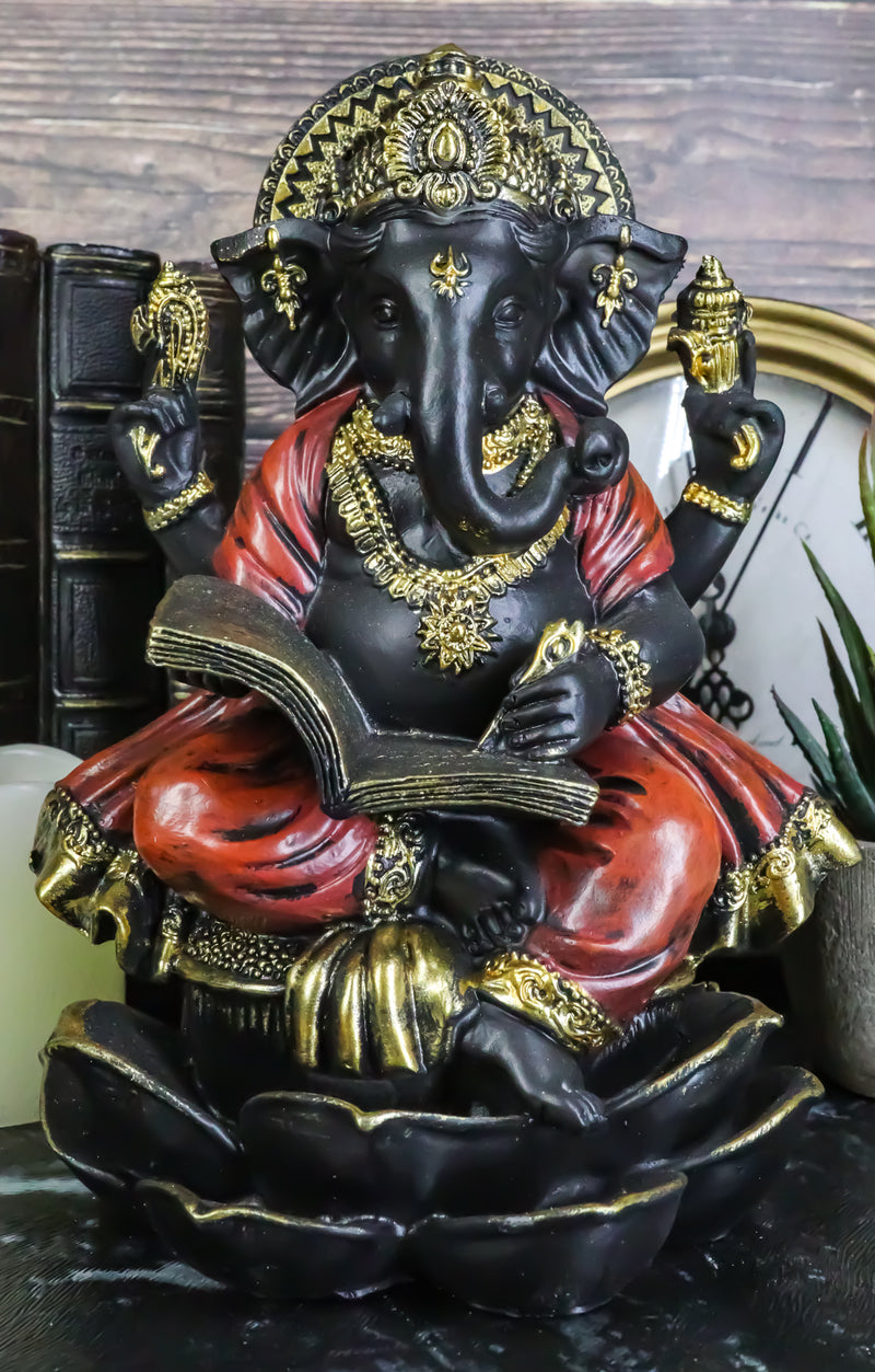 Vastu Hindu God Ganesha Seated On Lotus Writing Mahabharata Scrolls Figurine