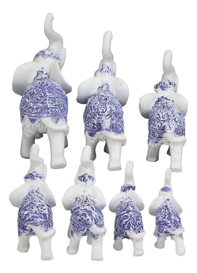 Ebros Blue White Feng Shui Miniature Thai Buddhism Elephants With Trunks Up Set of 7