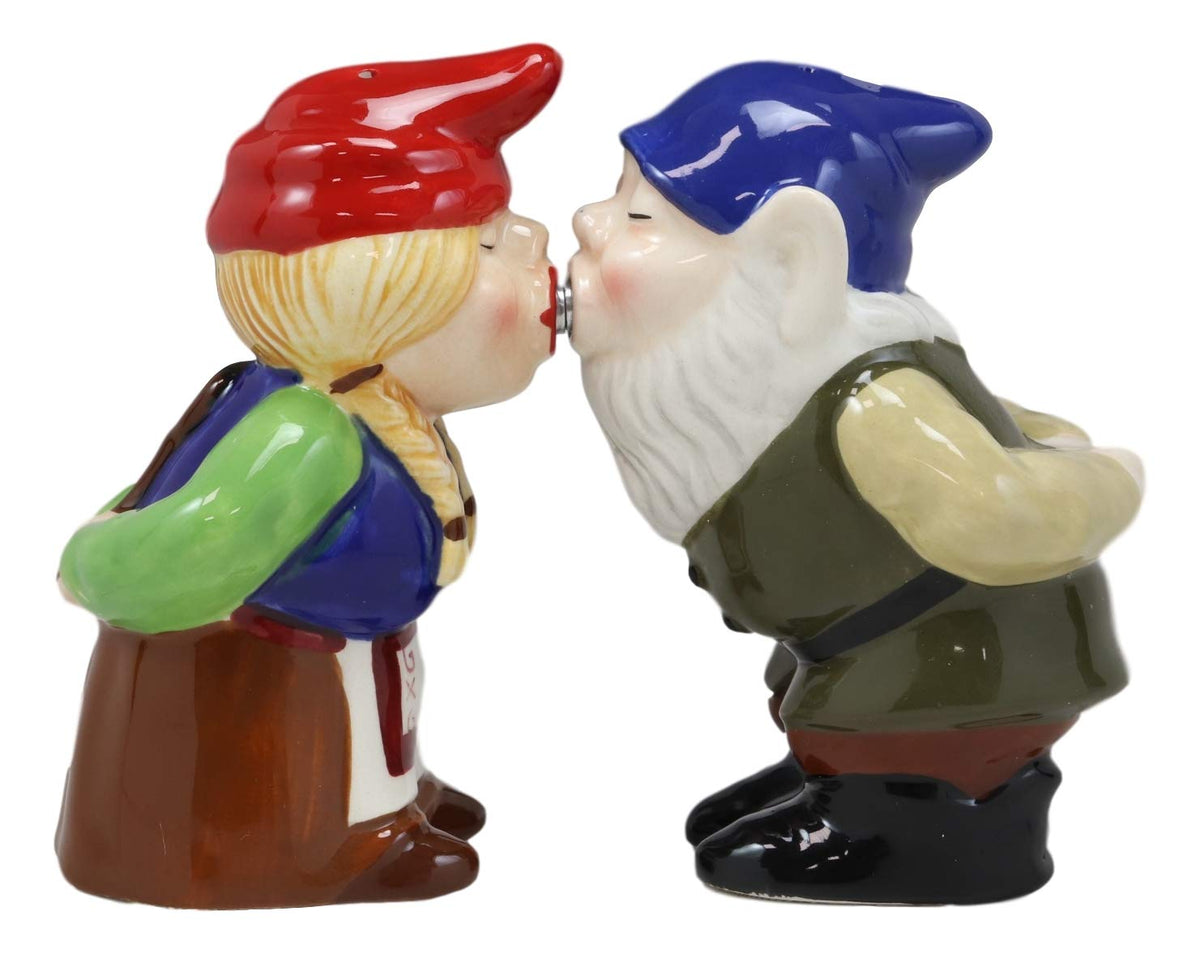 Kissing Mr & Mrs Gnome Couple Magnetic Salt Pepper Shakers Ceramic Figurine Set - Ebros Gift