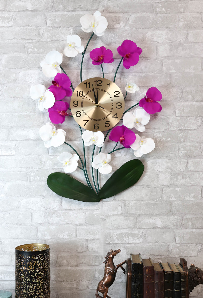 Large Lifelike White Purple Floral Orchid Blooms Gold Plated Metal Wall Clock