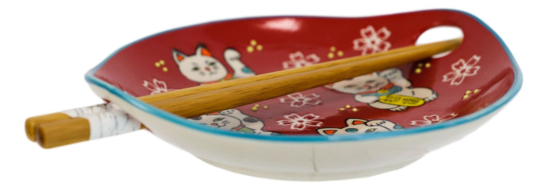 Pack Of 2 Red Maneki Neko Lucky Cats Appetizer Coupe Plates With Chopsticks Set