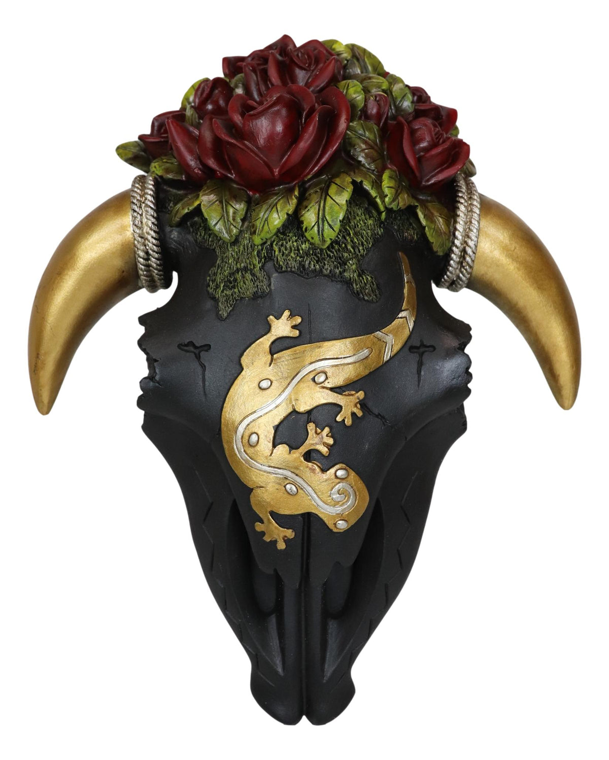 Rustic Western Black Cow Skull With Gecko Lizard And Red Roses Wall Decor Plaque - Ebros Gift