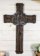 Rustic Western Lucky Horseshoes Barbed Wire And Rope Wall Cross Decor Plaque 19"