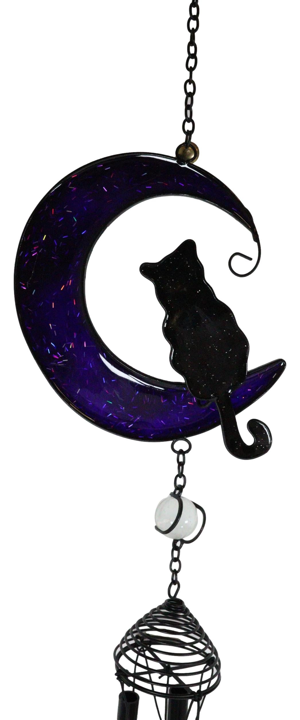Witchcraft Black Cat On Purple Crescent Moon Stained Glass Wind Chime Suncatcher