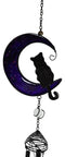 Witchcraft Black Cat On Purple Crescent Moon Stained Glass Wind Chime Suncatcher