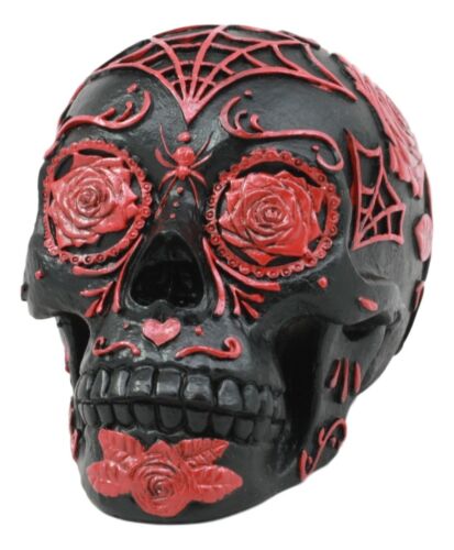 Ebros Day of The Dead Spider Web Floral Red Rose Sugar Skull Figurine