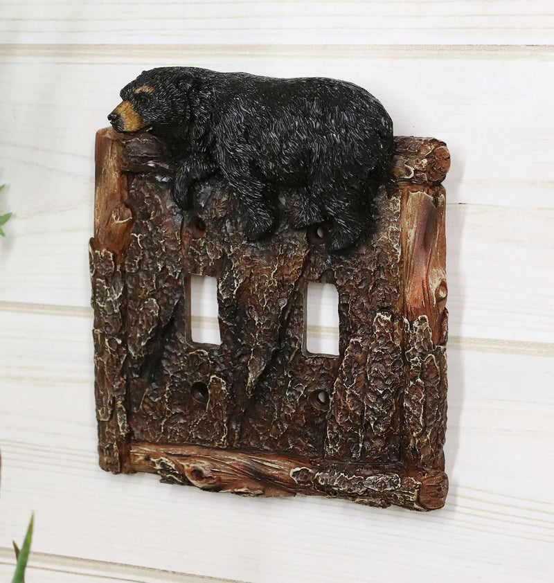 Set of 2 Rustic Faux Tree Bark With Black Bear Double Toggle Wall Switch Plates