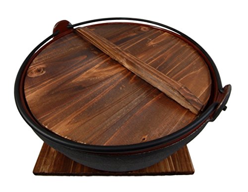 Ebros Gift Japanese Cast Iron Sukiyaki Shabu Shabu Nabe Ramen Personal Size Hot Pot With Wooden Lid 11.5" Diameter