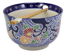 Ebros Blue Colorful Floral Breeze Ramen Udon Noodles Large 6.25" Diameter Soup Bowl With Built In Rest and Bamboo Chopsticks Set for Rice Pasta Salad