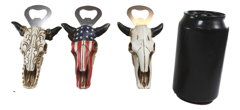 Pack Of 3 Western Bull Cow Skulls Flag Scroll And Bone Hand Beer Bottle Openers