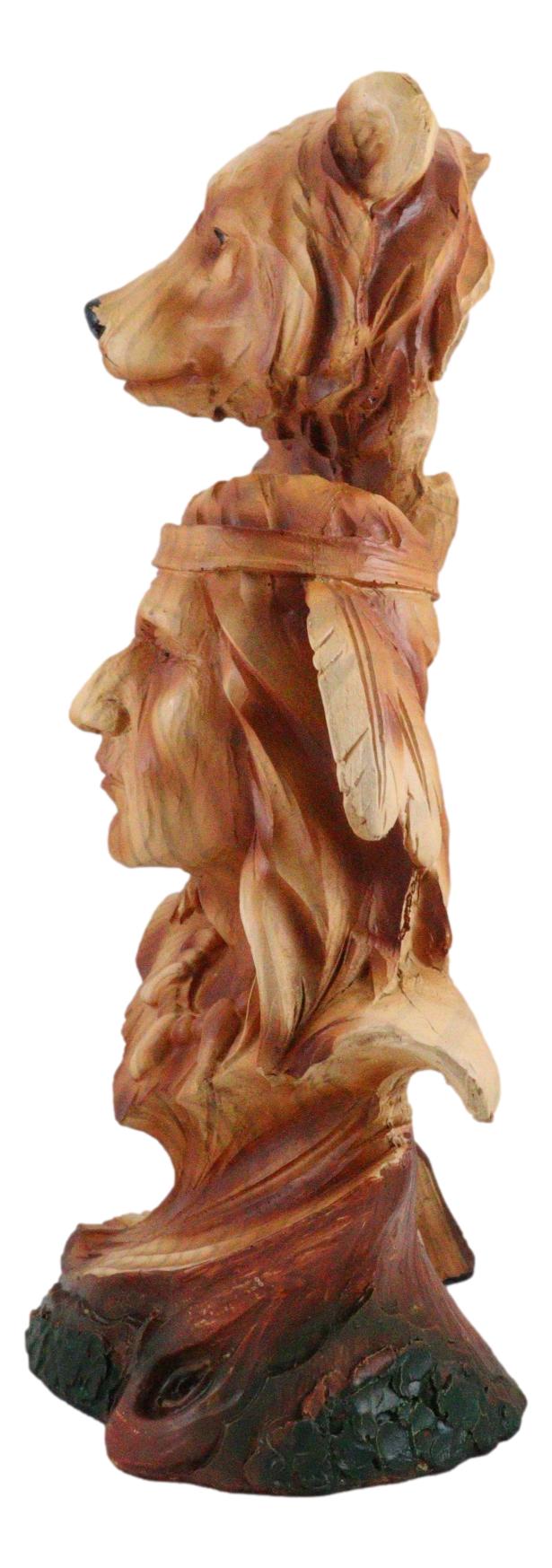 Native American Indian Warrior Chief With Black Bear Faux Wood Resin Figurine