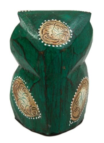 Balinese Wood Handicrafts Hypnosis Eyed Green Owl Desktop Calendar Figurine 4.5"