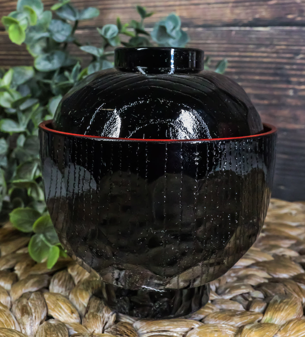 Made In Japan Honeycomb Ridged Black Red Lacquer Plastic Bowl With Lid Set of 6