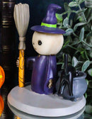 Lucky Skeleton In Witch Costume And Broomstick Standing By Black Cat Figurine