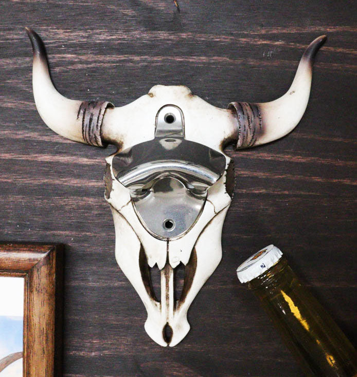 Rustic Western Horned Cow Skull Skeleton Wall Mounted Soda Beer Bottle Opener - Ebros Gift