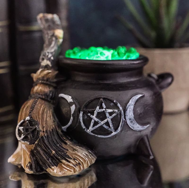 Wicca Triple Moon Goddess Pentagram LED Cauldron And Broomstick Mini Figurine