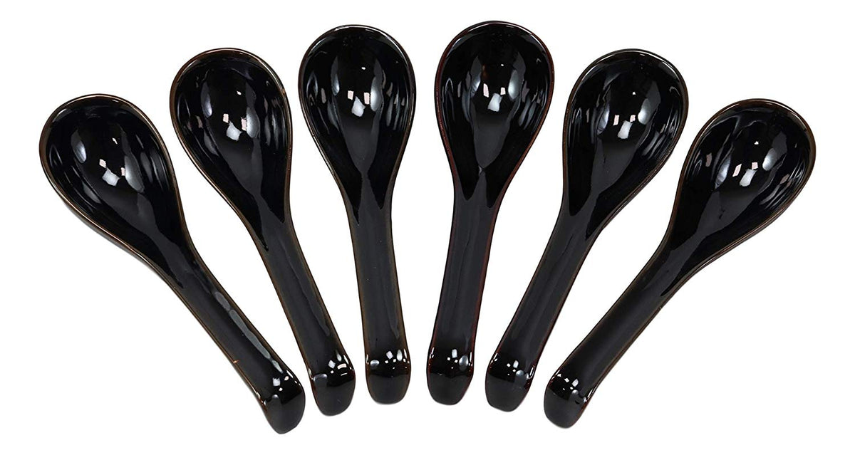 Ebros Japanese Modern Porcelain Soup Spoons With Ladle Hook Pack Of 6 (Black) - Ebros Gift