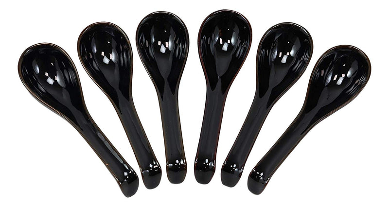 Ebros Japanese Modern Porcelain Soup Spoons With Ladle Hook Pack Of 6 (Black)