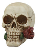 Romantic Goth Skull Biting A Stalk Of Red Rose Statue Lover Never Dies Eternal