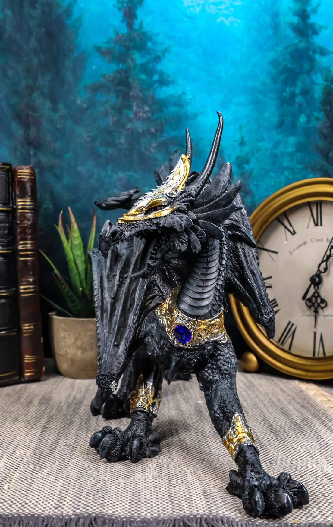 Tharos The Blue Sapphire Golden Armored Dragon Statue 10"Long Fantasy Home Decor