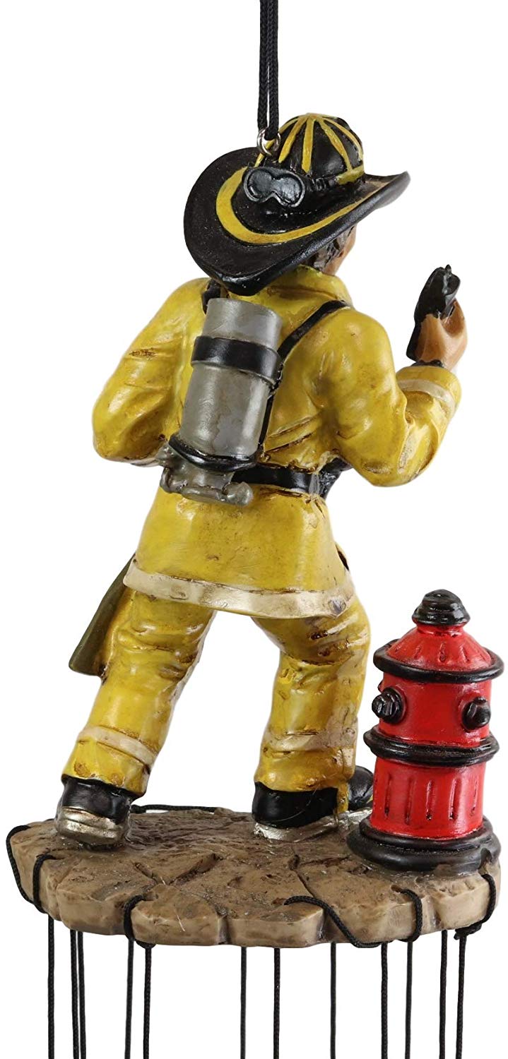 Ebros Gift Yellow Gear Outfit Fireman in Line of Duty with Axe and Red Hydrant Resonant Relaxing Wind Chime Patio Garden Accent of Fire Fighters Hydrants 911 Emergency Civil Service