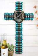 18"H Rustic Western Turquoise Pebbles Horseshoe Barbed Wires Wall Cross Plaque