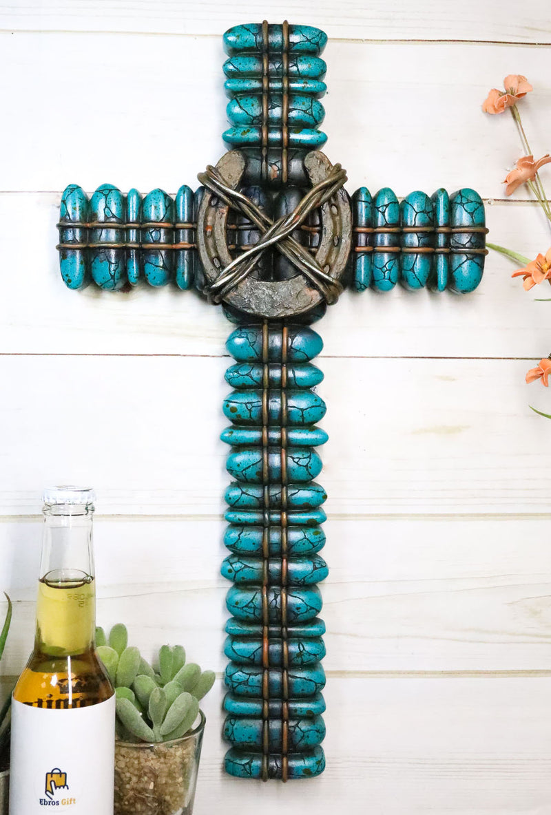 18"H Rustic Western Turquoise Pebbles Horseshoe Barbed Wires Wall Cross Plaque