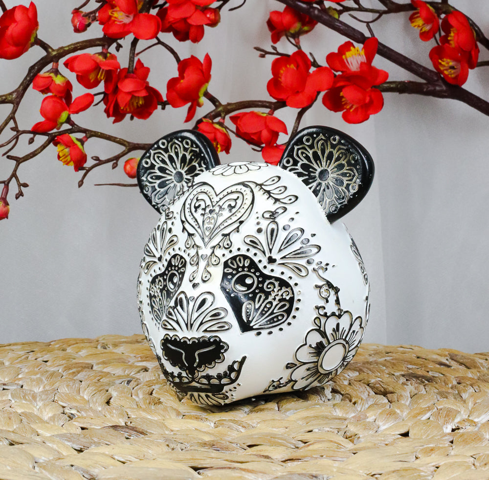 Ebros Black White Tattoo Tooled Floral Heart Panda Bear Head Day Of The Dead Figurine - Ebros Gift