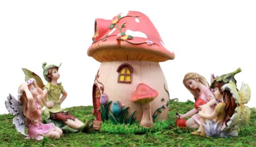Ebros Gift Enchanted Fairy Garden Miniatures Starter Kit Fairy Cottage Landmarks with Four Mini Fairies Figurine Set Do It Yourself Ideas for Your Home (Pink Mushroom Cottage Kit)