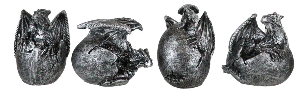 Set of 4 Silver Whimsical Wyrmling Baby Dragon Egg Hatchlings Mini Figurines