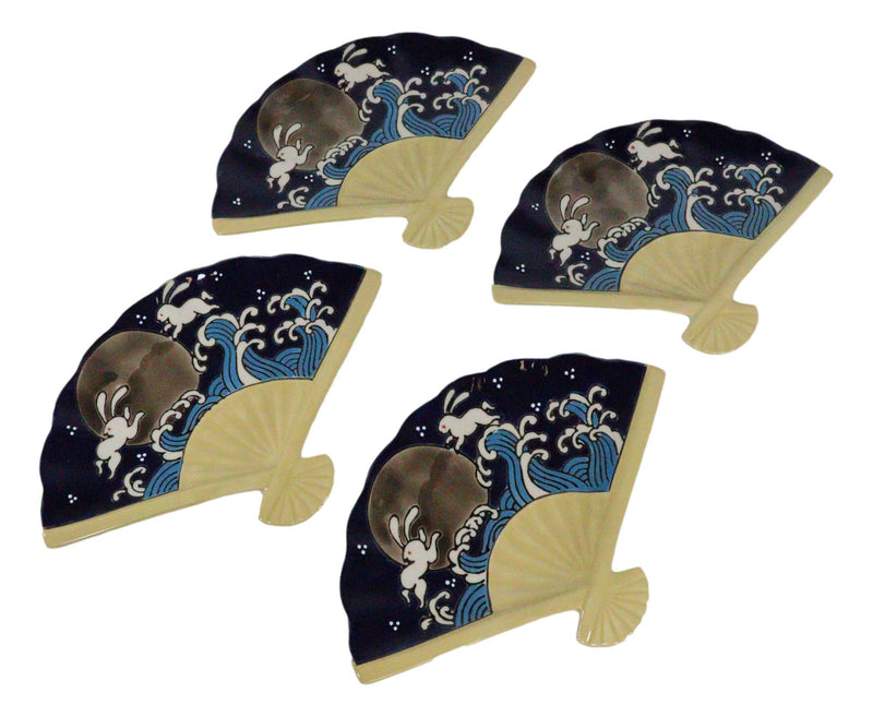 Set Of 4 Rabbits By Ocean Moon Waves Oriental Fan Shaped Appetizer Sushi Plates
