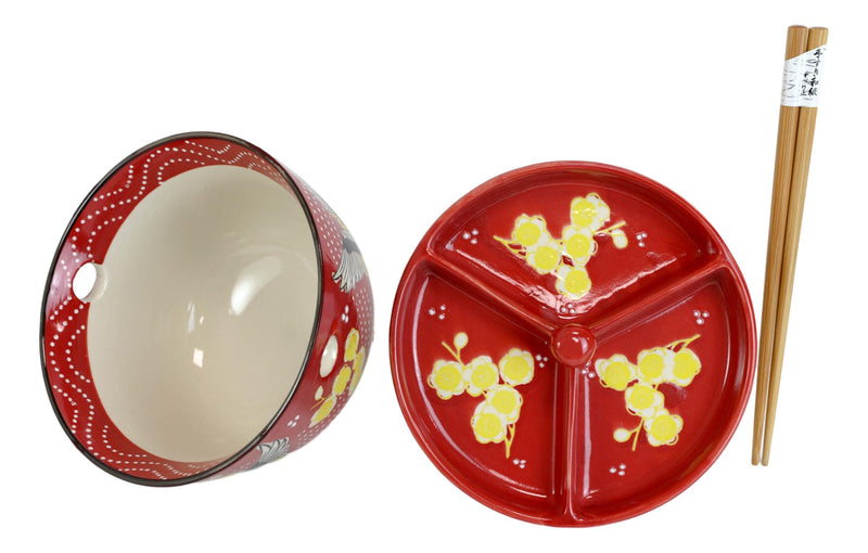 Red Flying Crane Ramen Bowl With Tempura Divider Condiment Lid Chopsticks Set