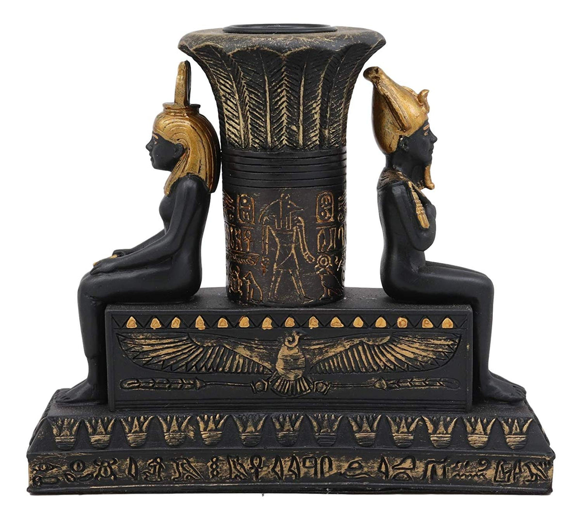 Ebros Ancient Egypt Black and Gold Seated Isis and Osiris Pillar Candle Holder