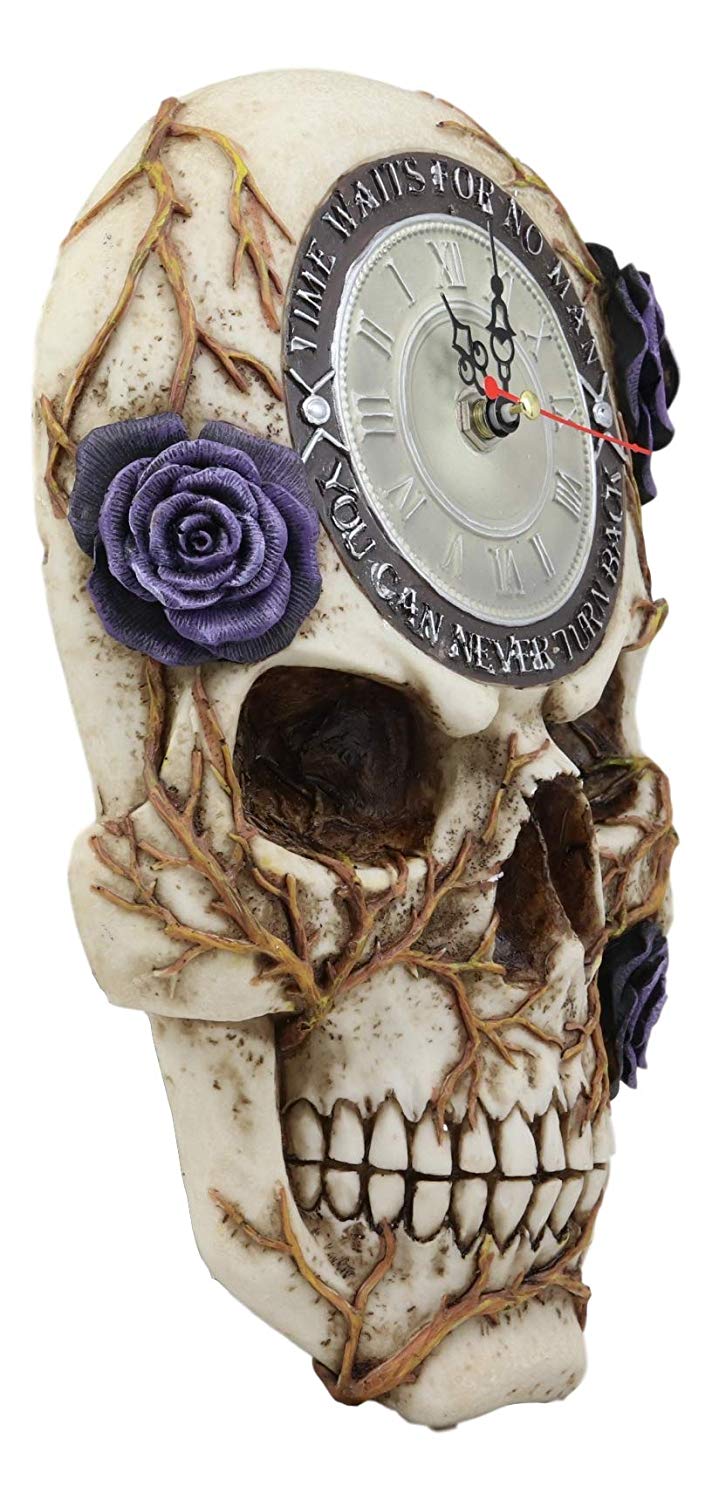 Ebros Decorative Gothic Macabre Grinning Skull with Purple Rose Vines Reverse Wall Clock with Roman Numerals Figurine 10.5" H Never Turn Back Time Ossuary Day of The Dead Halloween Spooky Collectible
