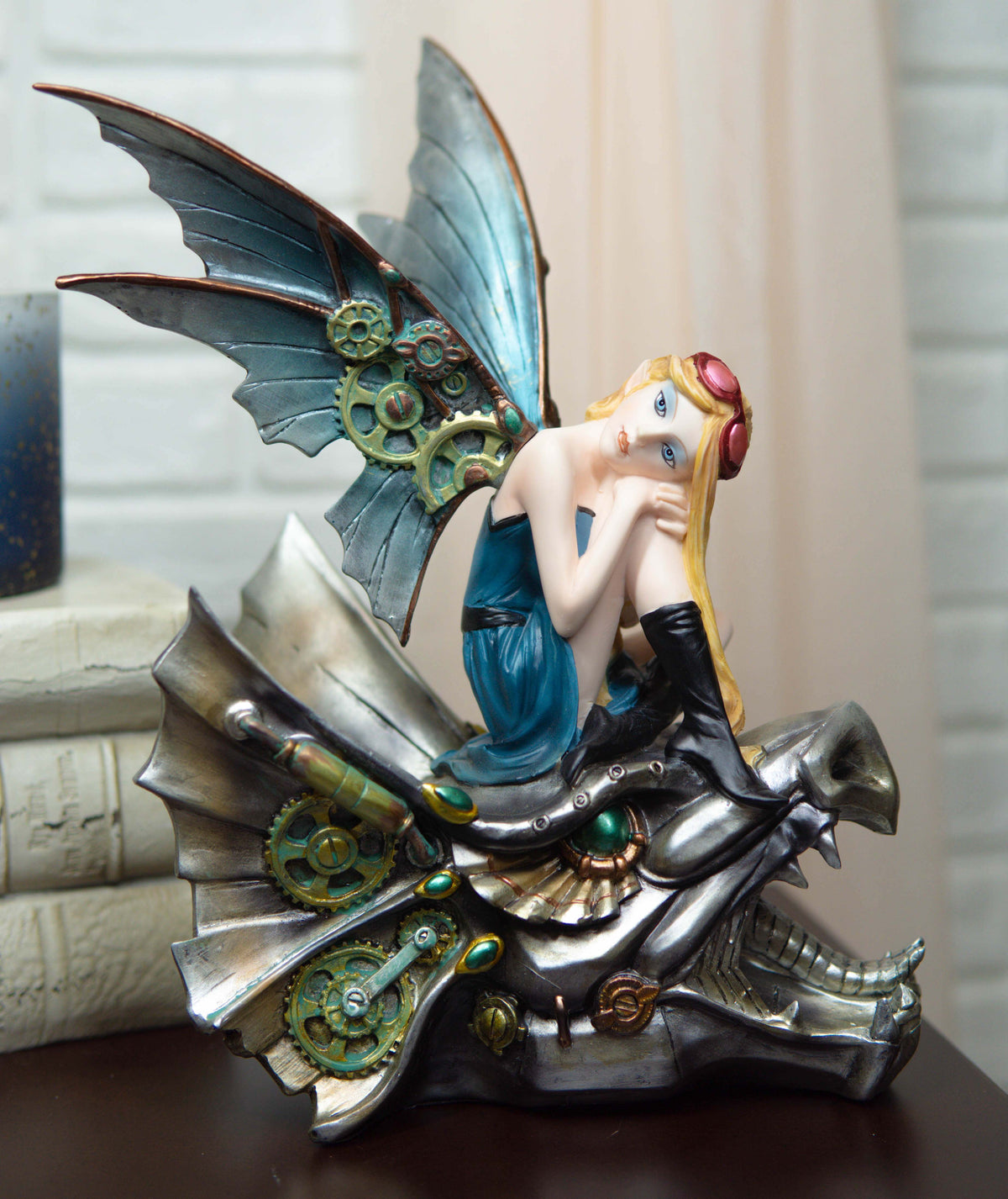 Steampunk Pilot Aviator Fairy Riding Mechanical Cyborg Dragon Head Statue 10"H