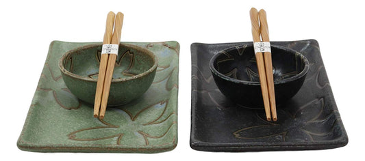 Ebros Gift Japanese Sakura Cherry Blossom Porcelain Sushi Dinnerware 6 Piece Set 2 Each Of Dinner Plates Dipping Soy Sauce Bowls And Bamboo Chopsticks Pair Gift Ideas (Matcha Green And Black Pair)