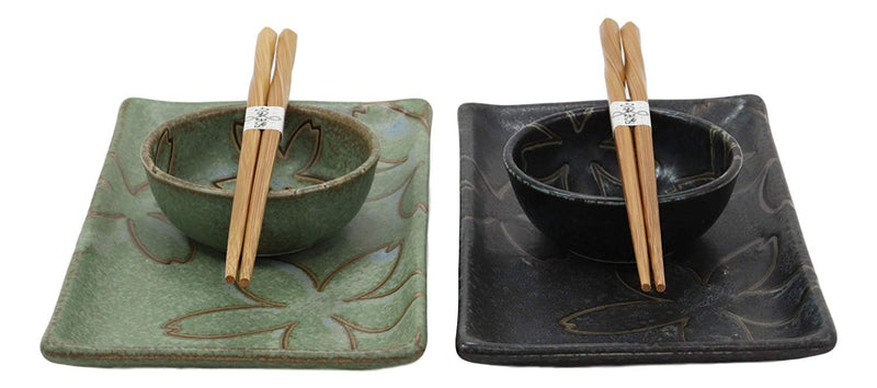 Ebros Gift Japanese Sakura Cherry Blossom Porcelain Sushi Dinnerware 6 Piece Set 2 Each Of Dinner Plates Dipping Soy Sauce Bowls And Bamboo Chopsticks Pair Gift Ideas (Matcha Green And Black Pair)